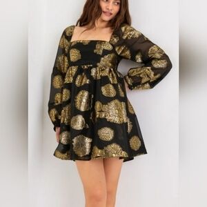 Lulu's Precious Shine Black Gold Metallic Jacquard Babydoll Dress Sz. L